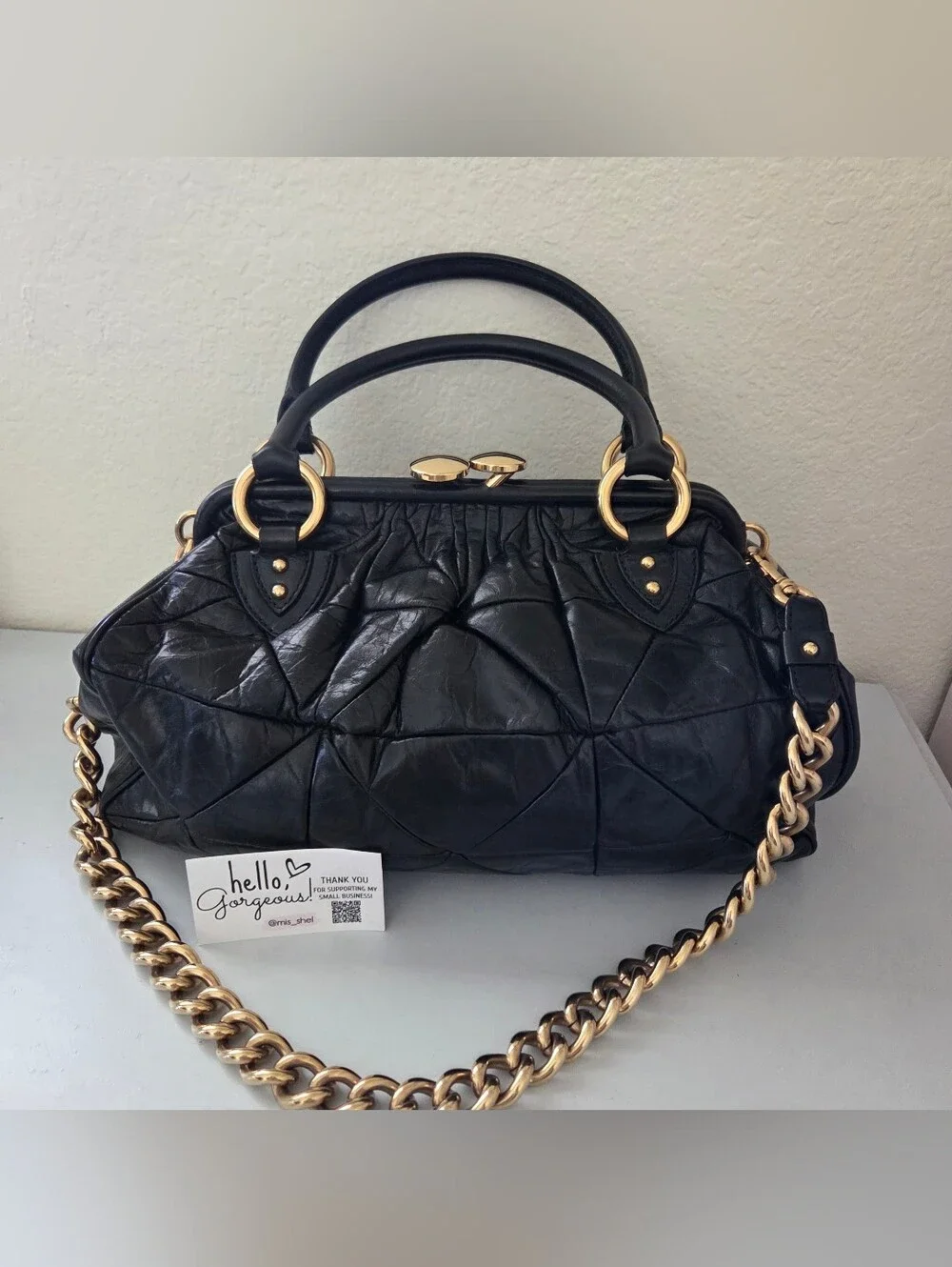 Black Quilted Leather Satchel with Gold Chain